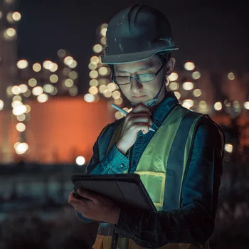 Engineer Petrochemical Asian man work late and hard with Smart tablet Inside the Refinery oil and gas Industry Factory at night